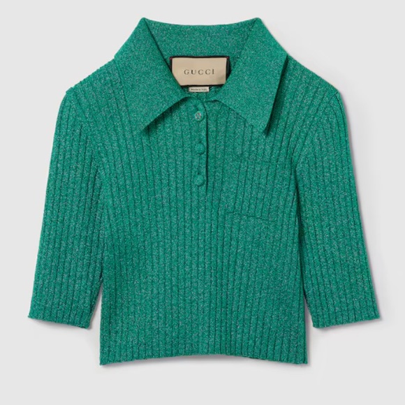 Authentic Gucci Rib-Lamé Cropped Polo Shirt size L - Picture 2 of 11